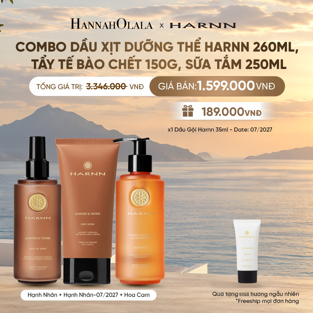  COMBO DẦU XỊT DƯỠNG THỂ HARNN 260ML, BODY SCRUB 150G, SỮA TẮM 250ML - GIÚP LÀM SẠCH & DƯỠNG ẨM CHUYÊN SÂU CHO CƠ THỂ 