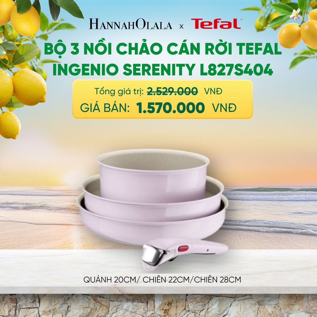  BỘ 3 NỒI CHẢO CÁN RỜI TEFAL INGENIO SERENITY L827S404, QUÁNH 20CM/ CHIÊN 22CM/CHIÊN 28CM 