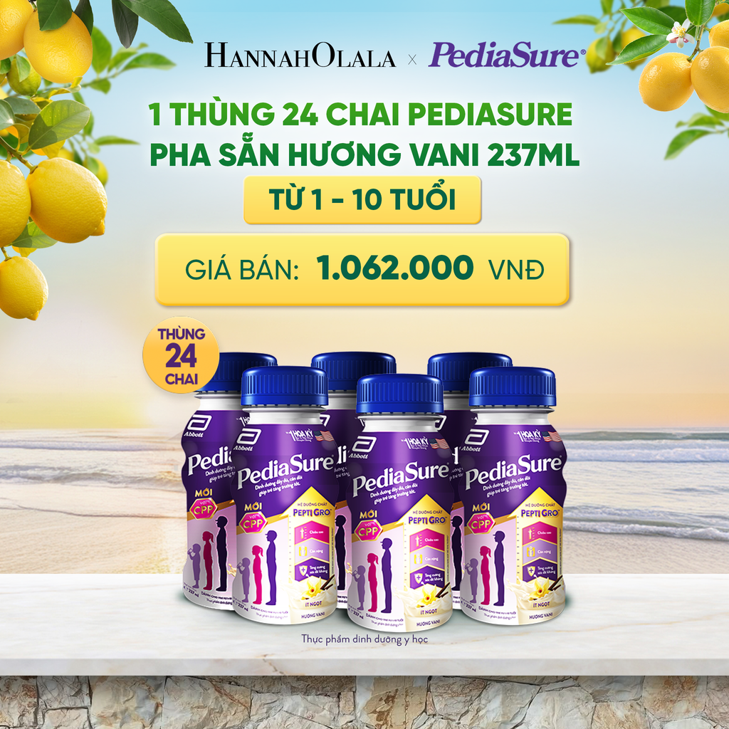  1 THÙNG 24 CHAI PEDIASURE PHA SẴN HƯƠNG VANI 237ML (DÙNG CHO BÉ 1-10 TUỔI) DEAL 12: 