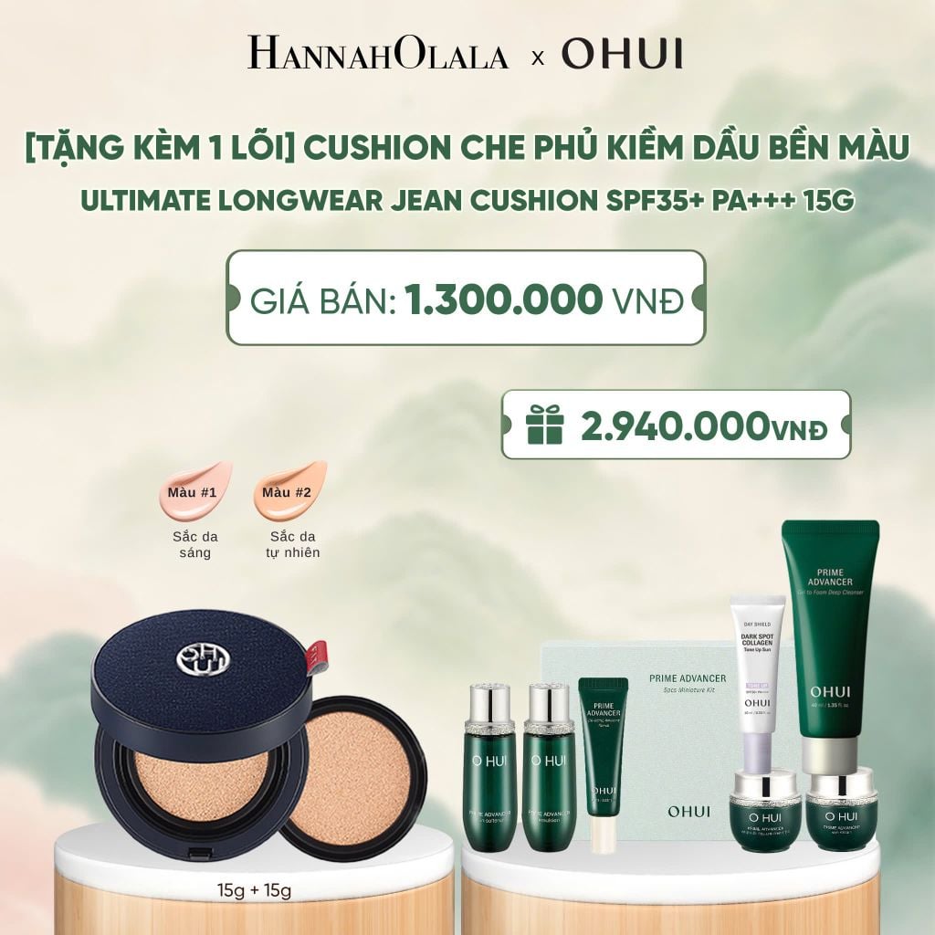  [TẶNG KÈM 1 LÕI] CUSHION CHE PHỦ KIỀM DẦU BỀN MÀU OHUI ULTIMATE LONGWEAR JEAN CUSHION SPF35+ PA+++ 15G - A1011 