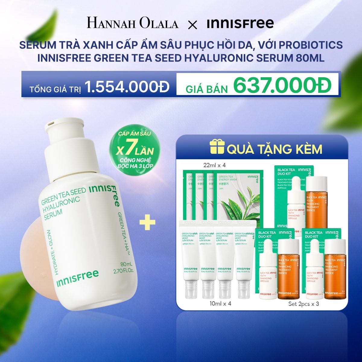 M74_DEAL 4: SERUM TRÀ XANH CẤP ẨM SÂU PHỤC HỒI DA, VỚI PROBIOTICS INNISFREE GREEN TEA SEED HYALURONIC SERUM 80ML 