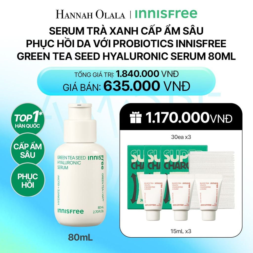  DEAL 8: SERUM TRÀ XANH CẤP ẨM SÂU PHỤC HỒI DA VỚI PROBIOTICS INNISFREE GREEN TEA SEED HYALURONIC SERUM 80ML_ A96 
