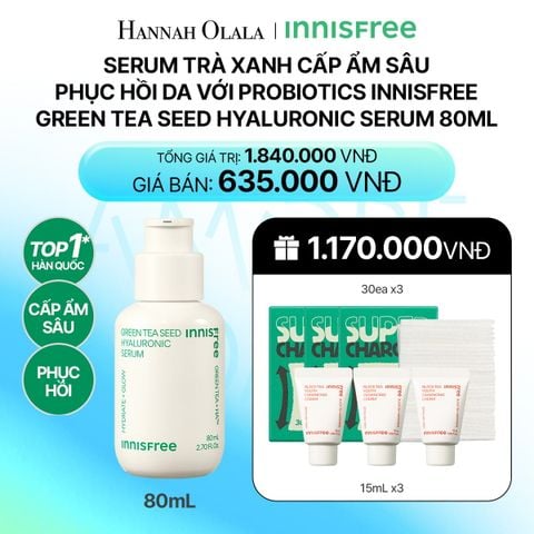  DEAL 8: SERUM TRÀ XANH CẤP ẨM SÂU PHỤC HỒI DA VỚI PROBIOTICS INNISFREE GREEN TEA SEED HYALURONIC SERUM 80ML_ A96 