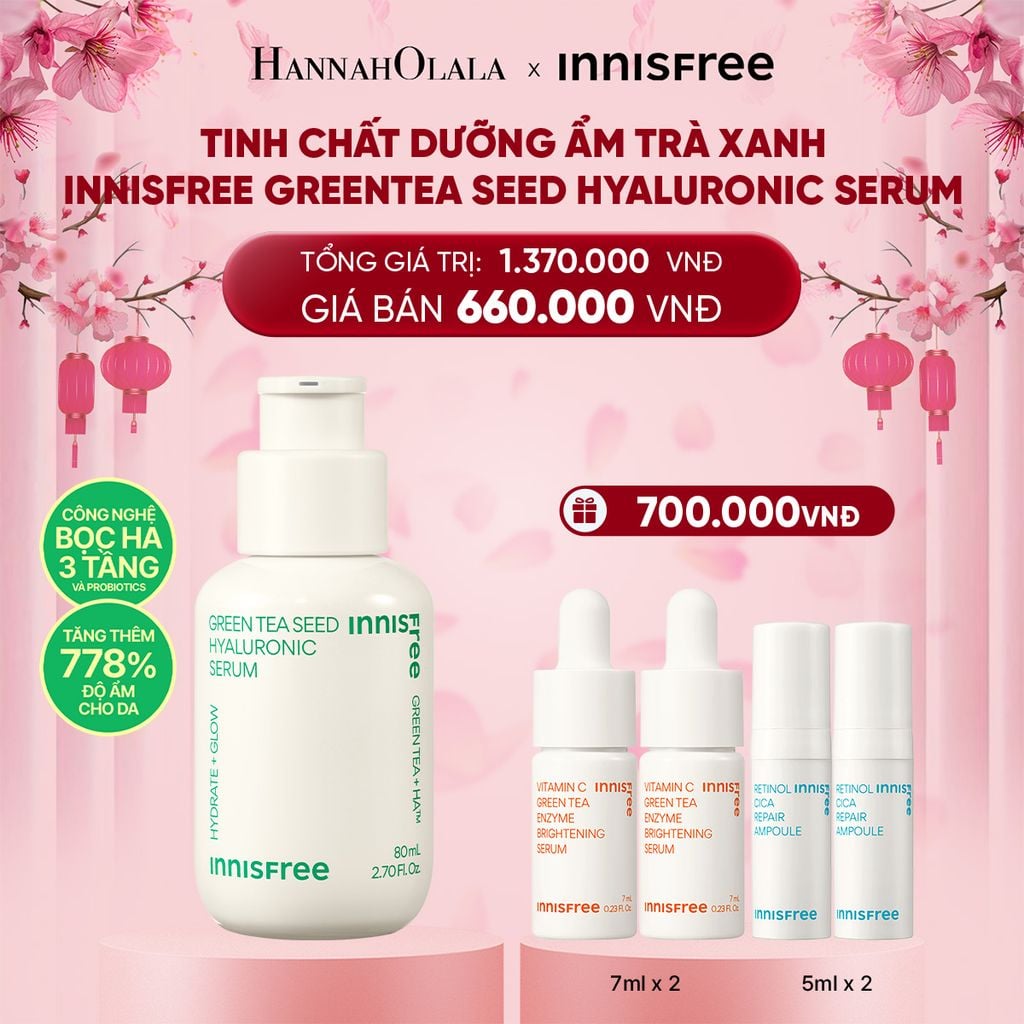  DEAL 3: SERUM TRÀ XANH CẤP ẨM SÂU PHỤC HỒI DA, VỚI PROBIOTICS INNISFREE GREEN TEA SEED HYALURONIC SERUM 80ML 
