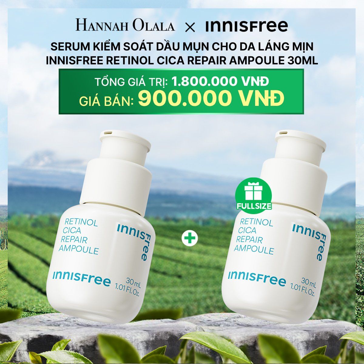  DEAL 9: [MUA 1 TẶNG 1] SERUM KIỂM SOÁT DẦU MỤN CHO DA LÁNG MỊN INNISFREE RETINOL CICA REPAIR AMPOULE 30ML 