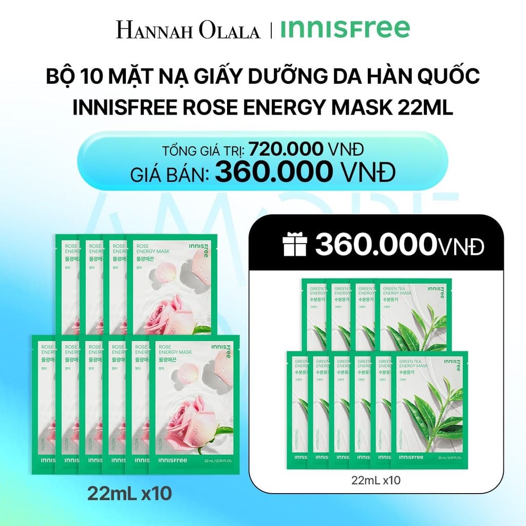 DEAL 13: BỘ 10 MẶT NẠ GIẤY DƯỠNG DA HÀN QUỐC INNISFREE ROSE ENERGY MASK 22ML_ A105 