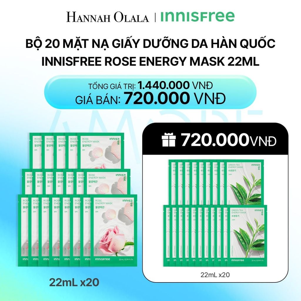  DEAL 12: BỘ 20 MẶT NẠ GIẤY DƯỠNG DA HÀN QUỐC INNISFREE ROSE ENERGY MASK 22ML_ A106 