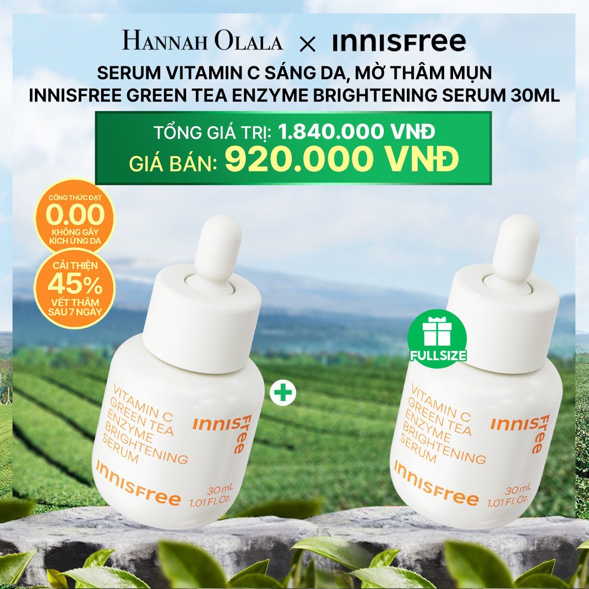  DEAL 3: [MUA 1 TẶNG 1] SERUM VITAMIN C SÁNG DA, MỜ THÂM MỤN INNISFREE GREEN TEA ENZYME BRIGHTENING SERUM 30ML 