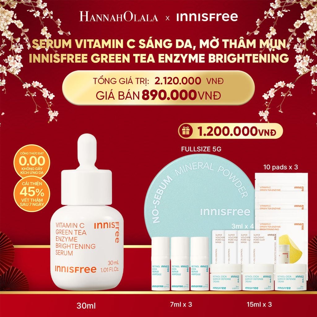  DEAL 4: SERUM VITAMIN C SÁNG DA, MỜ THÂM MỤN INNISFREE GREEN TEA ENZYME BRIGHTENING SERUM 30ML 
