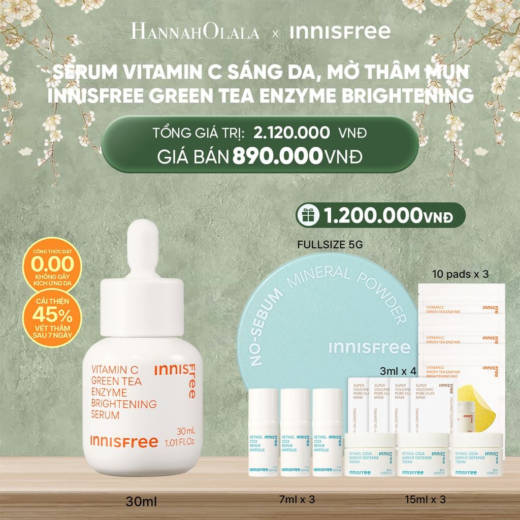  DEAL 4: SERUM VITAMIN C SÁNG DA, MỜ THÂM MỤN INNISFREE GREEN TEA ENZYME BRIGHTENING SERUM 30ML 