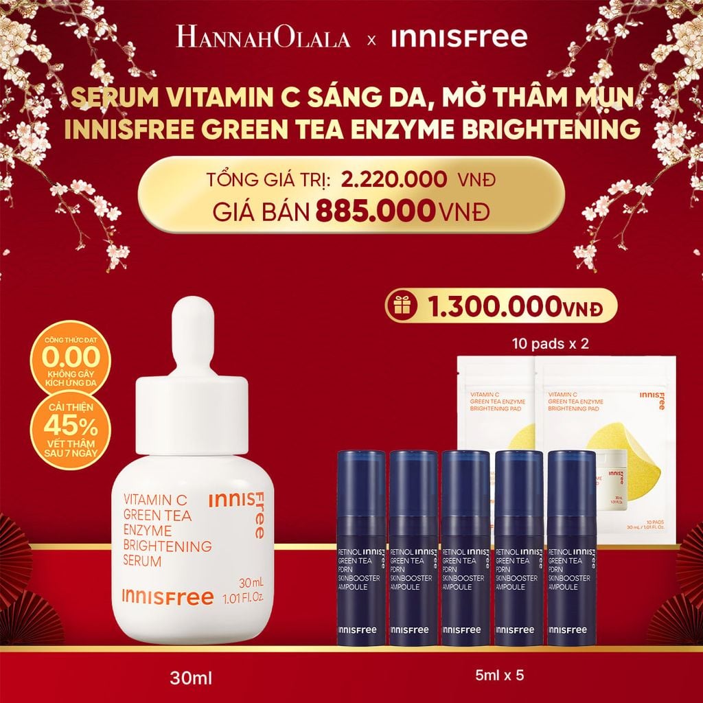  DEAL 4A: HOT DEAL (LIMITED): SERUM VITAMIN C SÁNG DA, MỜ THÂM MỤN INNISFREE GREEN TEA ENZYME BRIGHTENING SERUM 30ML 