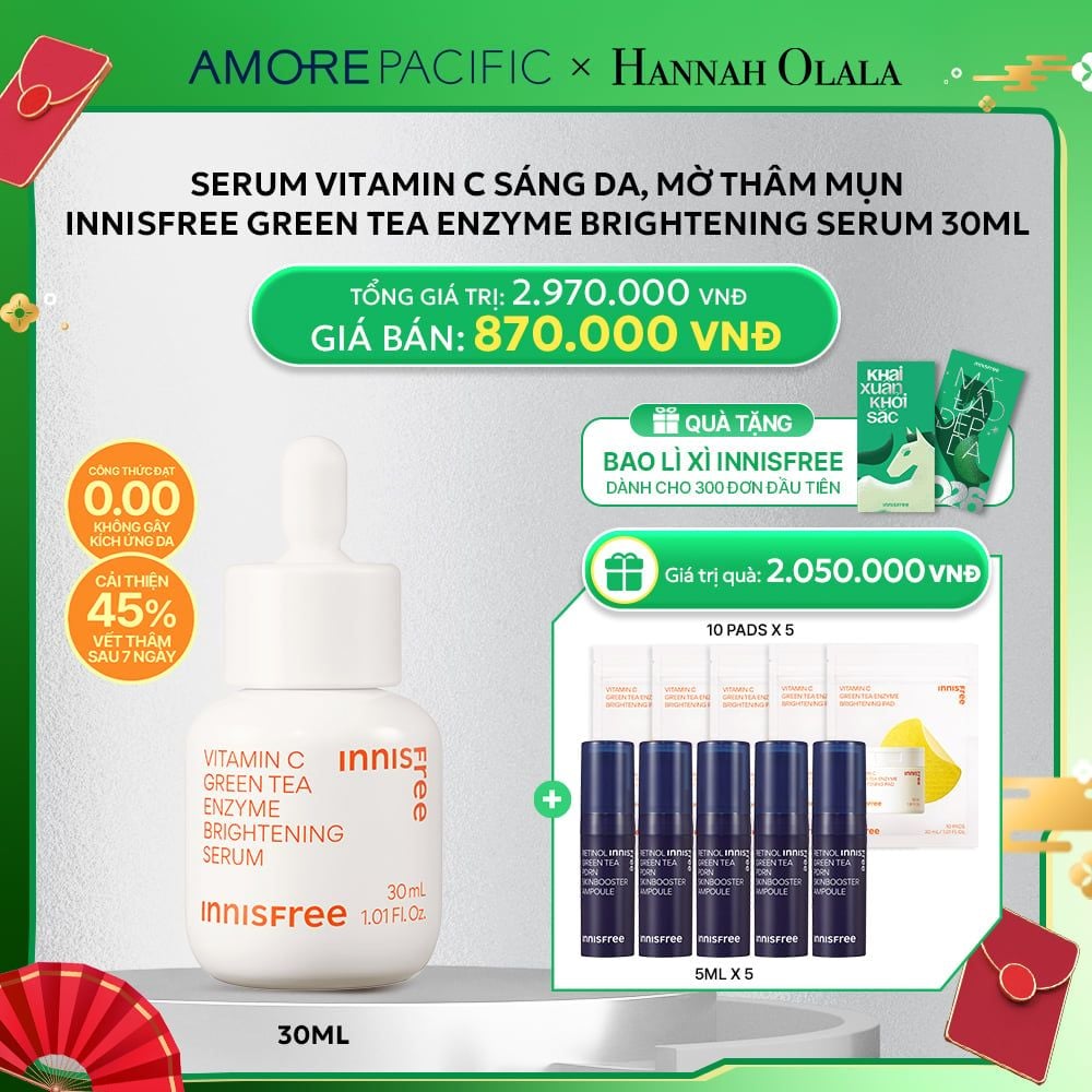  D100_DEAL 4: SERUM VITAMIN C SÁNG DA, MỜ THÂM MỤN INNISFREE GREEN TEA ENZYME BRIGHTENING SERUM 30ML 