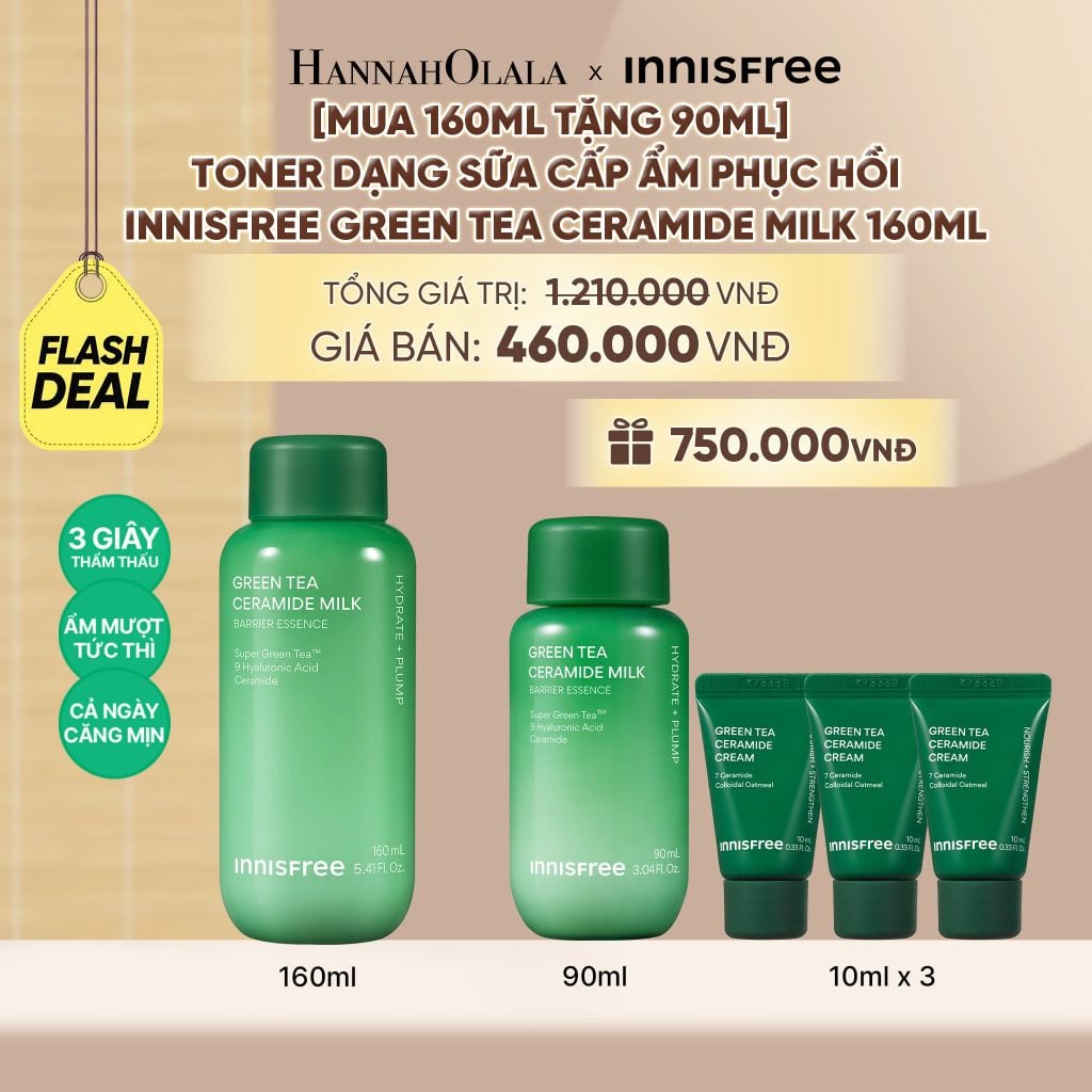  [MUA 160ML TẶNG 90ML] TONER DẠNG SỮA CẤP ẨM PHỤC HỒI INNISFREE GREEN TEA CERAMIDE MILK 160ML - A525 