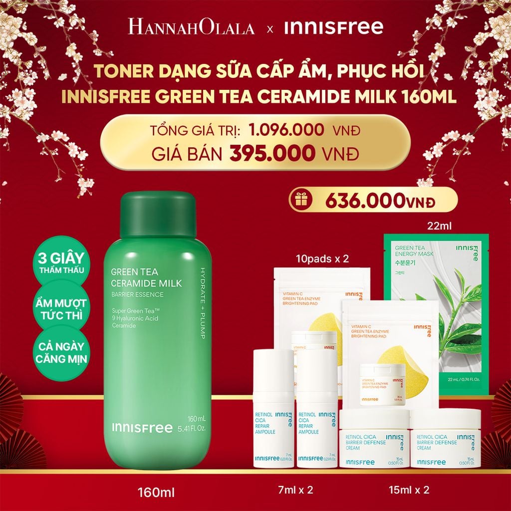  DEAL 1: TONER DẠNG SỮA CẤP ẨM, PHỤC HỒI INNISFREE GREEN TEA CERAMIDE MILK 160ML 
