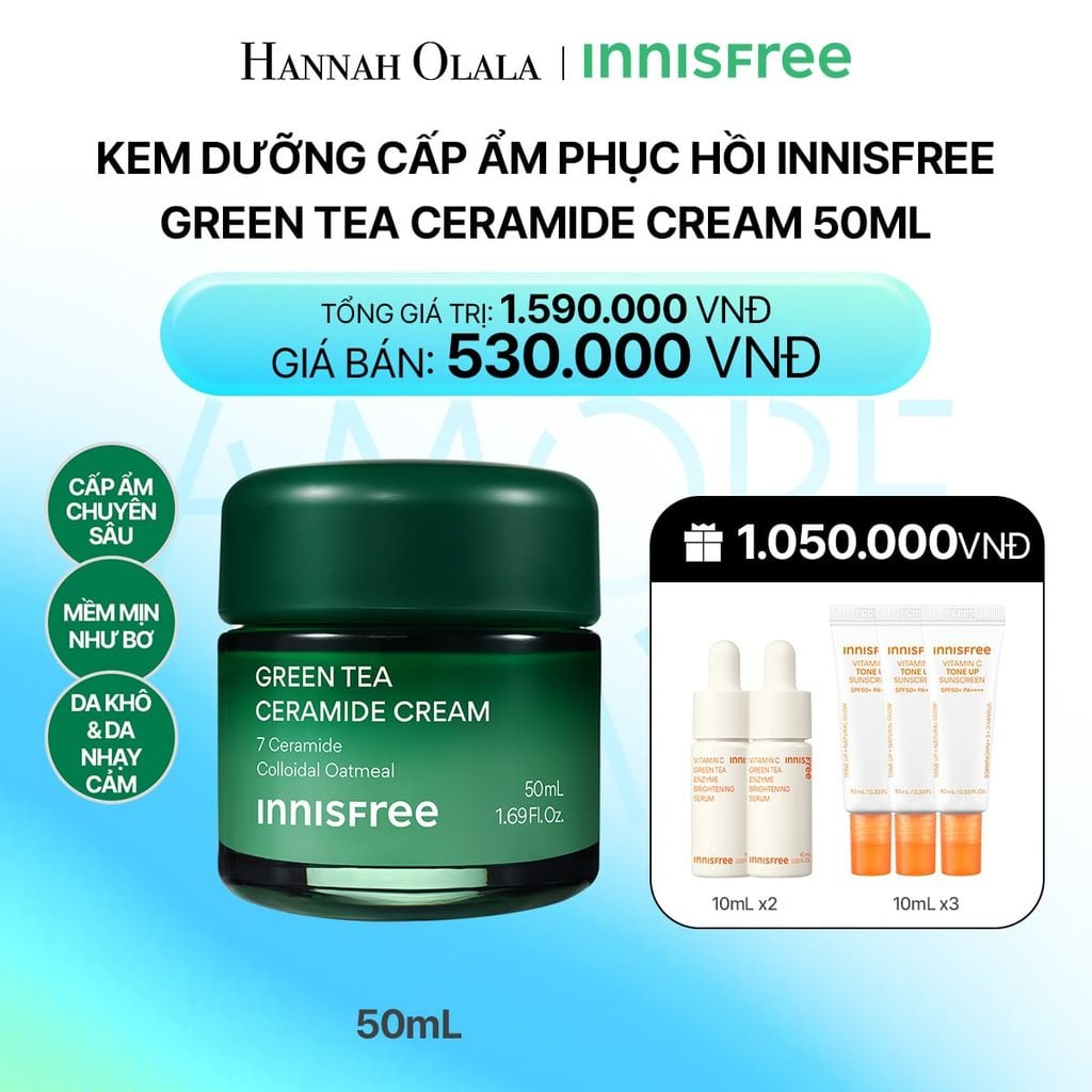  DEAL 6: KEM DƯỠNG CẤP ẨM PHỤC HỒI INNISFREE GREEN TEA CERAMIDE CREAM 50ML_ A98 
