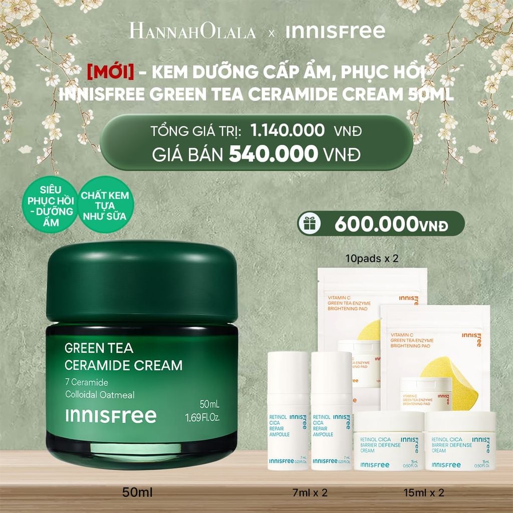  DEAL 2: KEM DƯỠNG CẤP ẨM, PHỤC HỒI INNISFREE GREEN TEA CERAMIDE CREAM 50ML 