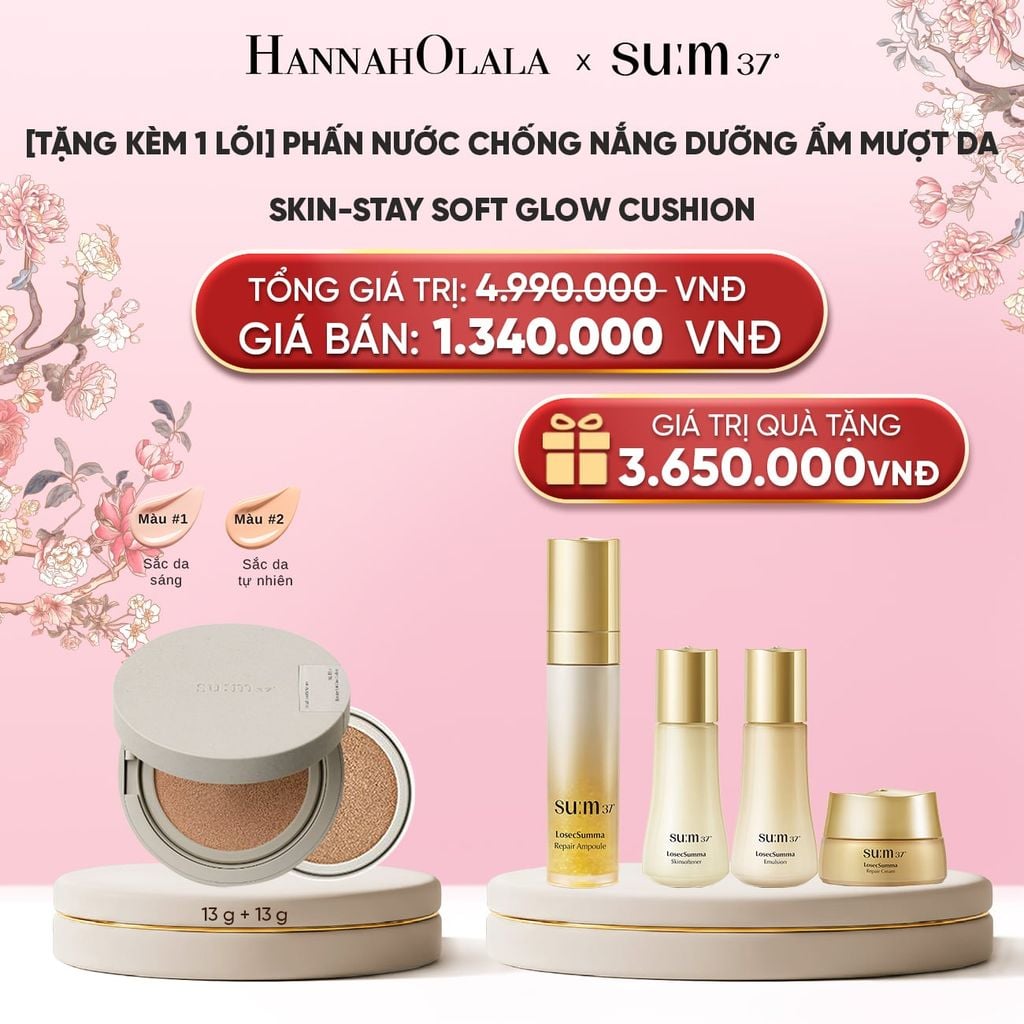  [TẶNG KÈM 1 LÕI] PHẤN NƯỚC CHỐNG NẮNG DƯỠNG ẨM MƯỢT DA SUM37 SKIN-STAY SOFT GLOW CUSHION 