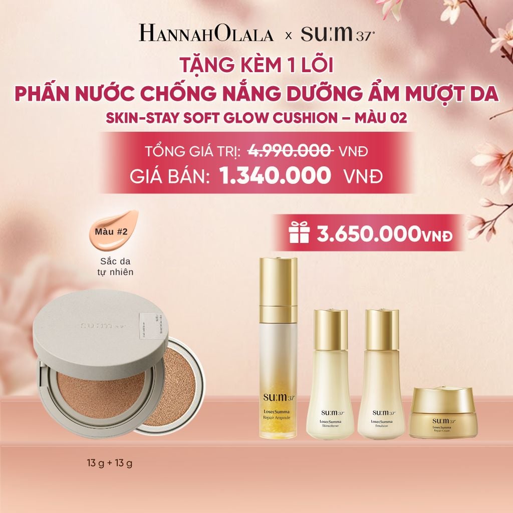  [TẶNG KÈM 1 LÕI] PHẤN NƯỚC CHỐNG NẮNG DƯỠNG ẨM MƯỢT DA SUM37 SKIN-STAY SOFT GLOW CUSHION - MÀU 02 - A1897 