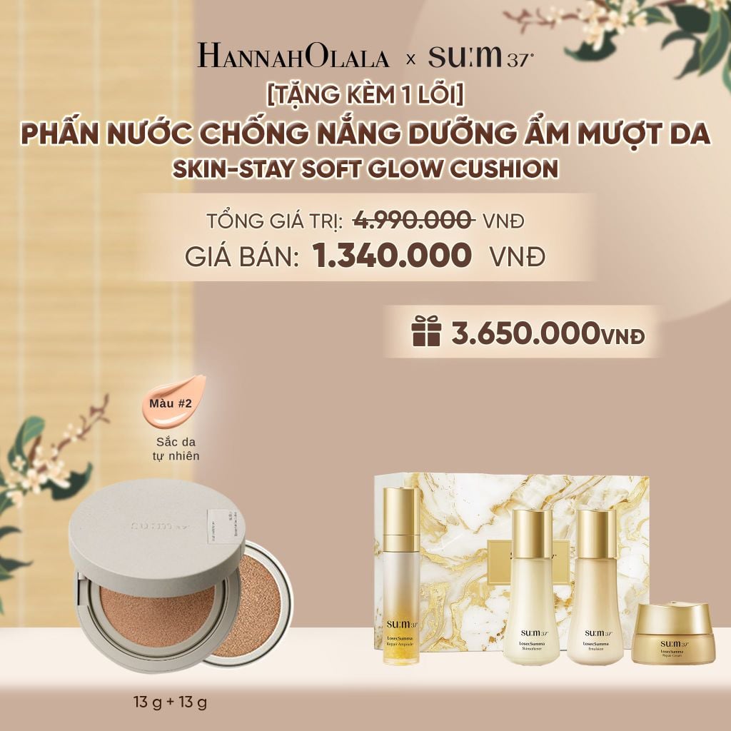  [TẶNG KÈM 1 LÕI] PHẤN NƯỚC CHỐNG NẮNG DƯỠNG ẨM MƯỢT DA SUM37 SKIN-STAY SOFT GLOW CUSHION - MÀU 02 - A75 