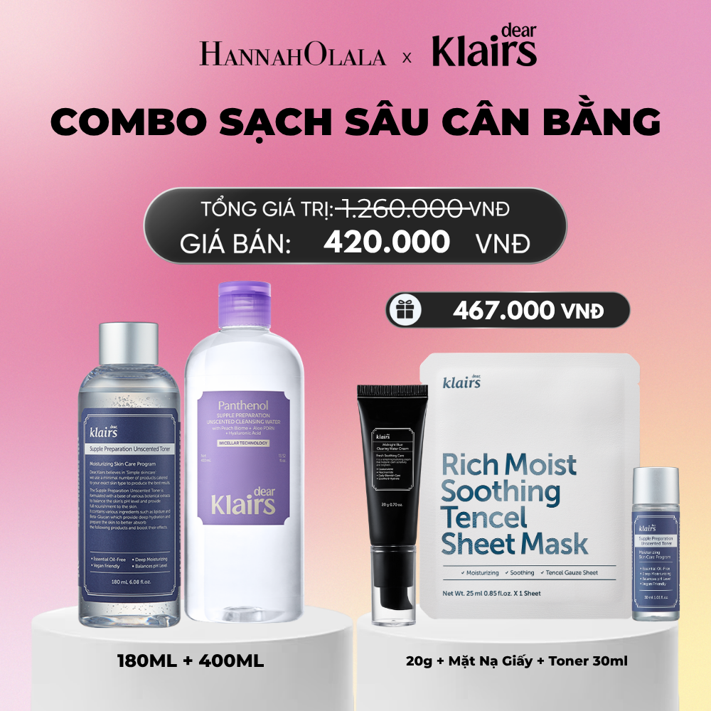  COMBO DEAR, KLAIRS NƯỚC HOA HỒNG SUPPLE PREPARATION UNSCENTED TONER 180ML (IP04) DEAR KLAIRS NƯỚC TẨY TRANG SUPPLE PREPARATION UNSCENTED CLEANSING WATER 400ML (IP04)_A1847 