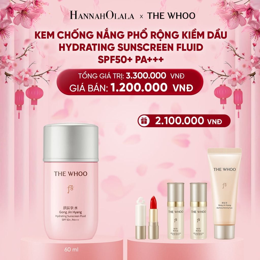  [GIAO HÀNG TỪ 08.01] DEAL 13: KEM CHỐNG NẮNG PHỔ RỘNG KIỀM DẦU THE WHOO GONGJINHYANG HYDRATING SUNSCREEN FLUID SPF50+ PA+++ 60ML 