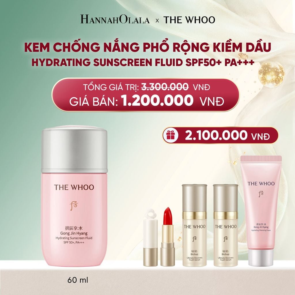  DEAL 13: KEM CHỐNG NẮNG PHỔ RỘNG KIỀM DẦU THE WHOO GONGJINHYANG HYDRATING SUNSCREEN FLUID SPF50+ PA+++ 60ML 