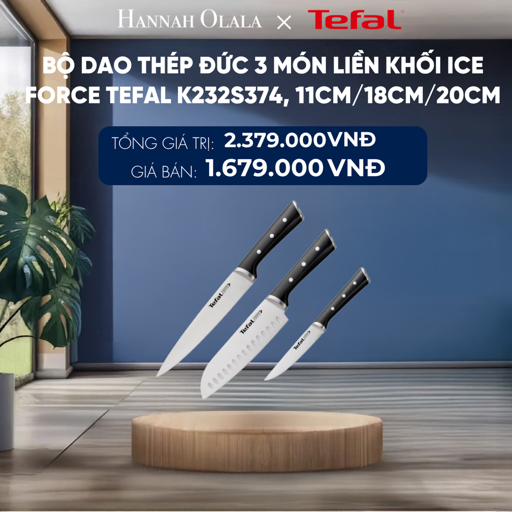  BỘ DAO THÉP ĐỨC 3 MÓN LIỀN KHỐI ICE FORCE TEFAL K232S374, 11CM/18CM/20CM 