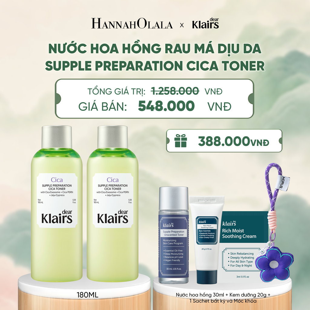  DEAL 15:COMBO 2 DEAR KLAIRS NƯỚC HOA HỒNG SUPPLE PREPARATION CICA TONER 180ML (IP04) - A1449 
