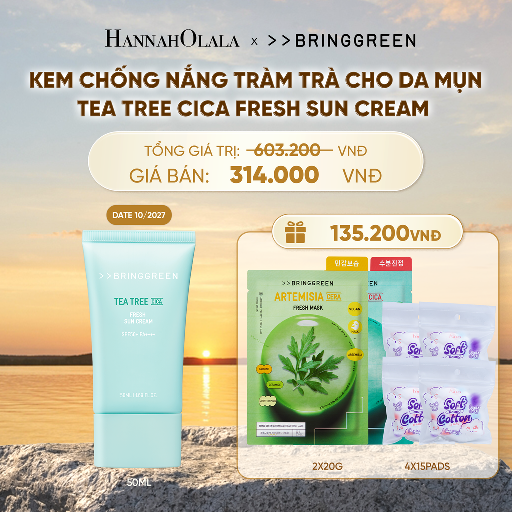  KEM CHỐNG NẮNG TRÀM TRÀ BRING GREEN TEA TREE CICA FRESH SUN CREAM SPF50+ PA++++ 50ML - B638 