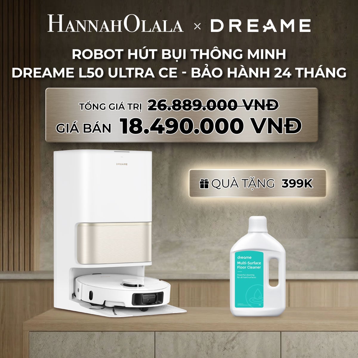 B304_deal 10: dreame l50 ultra ce robot hút bụi thông minh lực hút 25.000pa tự giặt giẻ nước nóng 80°c bh 24 tháng