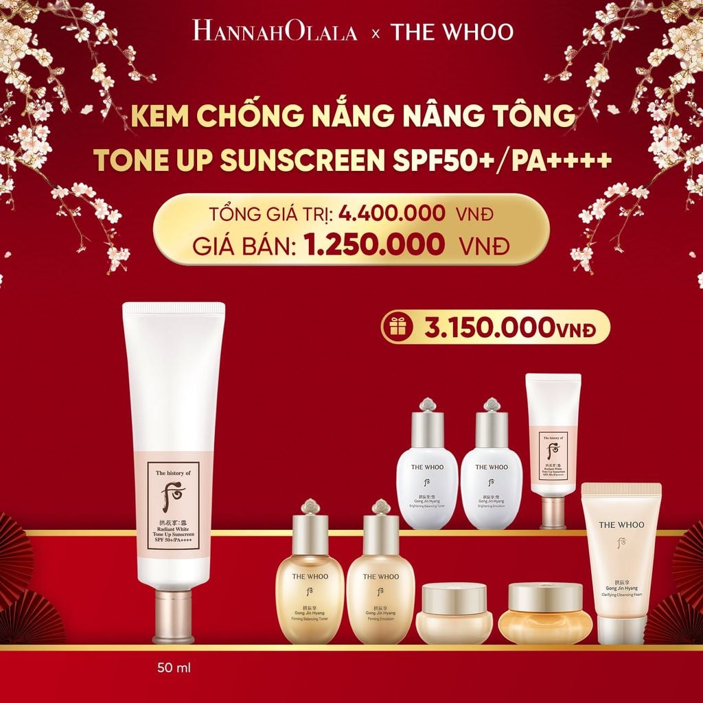  DEAL 14: BỘ KEM CHỐNG NẮNG NÂNG TÔNG WHOO SEOL RADIANT WHITE TONE UP SUNSCREEN SPF50+/PA++++ 50ML 