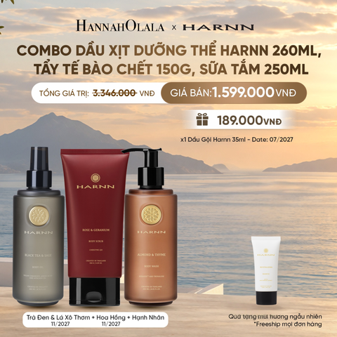  COMBO DẦU XỊT DƯỠNG THỂ HARNN 260ML, BODY SCRUB 150G, SỮA TẮM 250ML - GIÚP LÀM SẠCH & DƯỠNG ẨM CHUYÊN SÂU CHO CƠ THỂ 