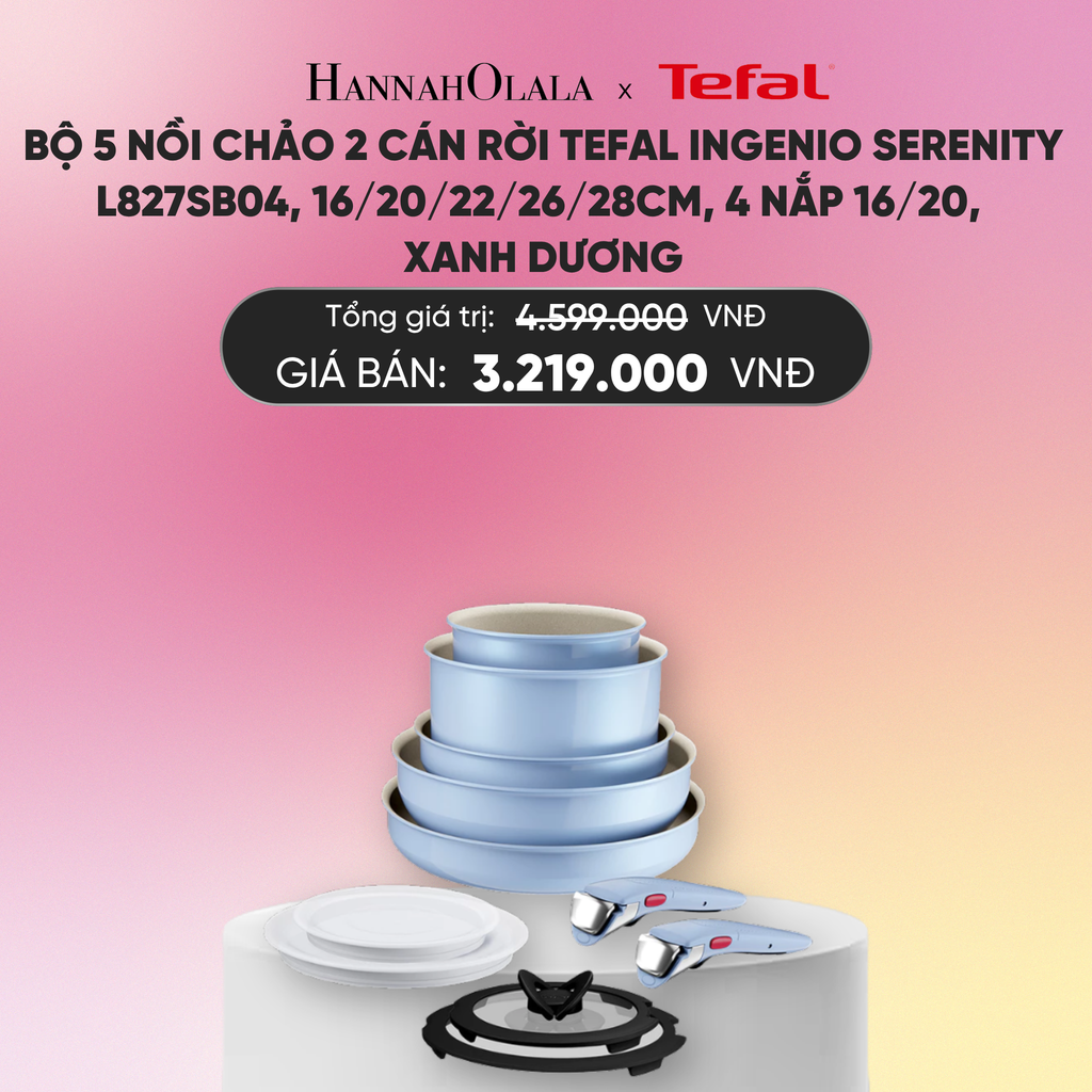  BỘ 5 NỒI CHẢO 2 CÁN RỜI TEFAL INGENIO SERENITY L827SB04, 16/20/22/26/28CM, 4 NẮP 16/20, XANH DƯƠNG_A376 