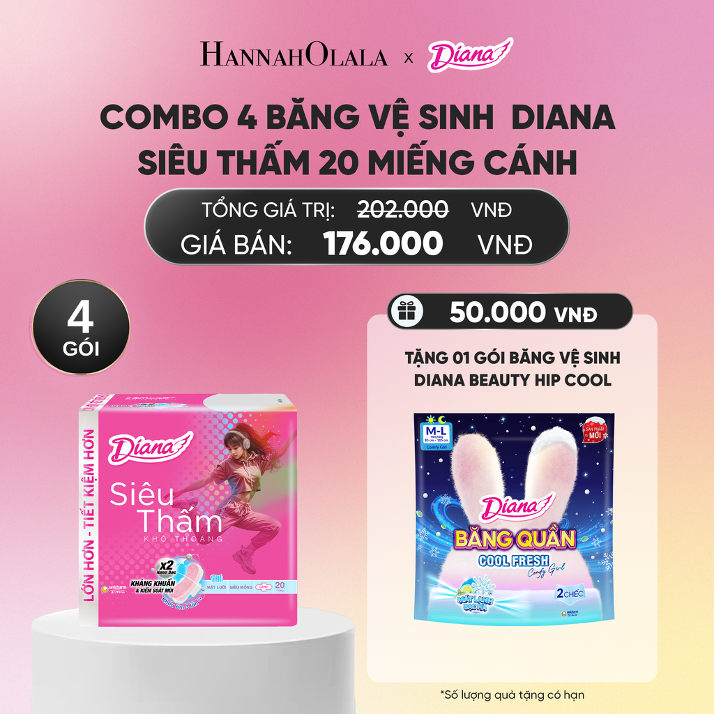  COMBO 4 BĂNG VỆ SINH DIANA SIÊU THẤM 20 MIẾNG CÁNH_A1768 