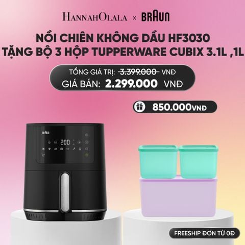  NỒI CHIÊN HF3030 TẶNG BỘ 3 HỘP TUPPERWARE TRỮ KHÔ VÀ MÁT CUBIX 3.1L ,1L_A2029 