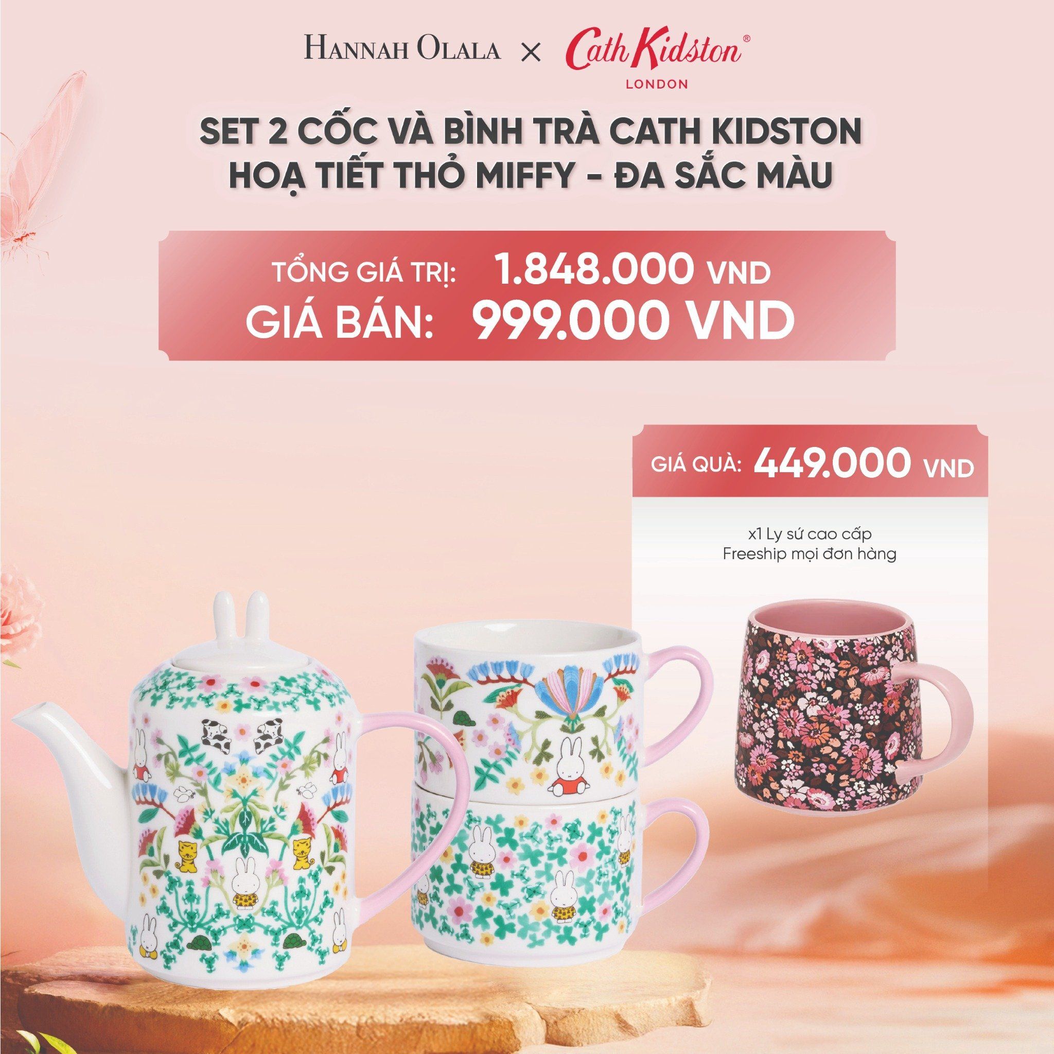  DEAL 14: SET 2 CỐC VÀ BÌNH TRÀ CATH KIDSTON PHONG CÁCH ANH QUỐC HOẠ TIẾT THỎ MIFFY - ĐA SẮC MÀU 