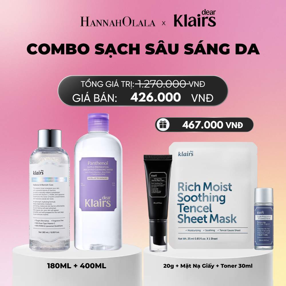  COMBO DEAR, KLAIRS NƯỚC HOA HỒNG FRESHLY JUICED VITAMIN ESSENCE TONER 180ML (IP04) DEAR KLAIRS NƯỚC TẨY TRANG SUPPLE PREPARATION UNSCENTED CLEANSING WATER 400ML (IP04)_A1848 