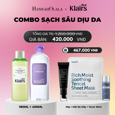  COMBO DEAR KLAIRS NƯỚC HOA HỒNG SUPPLE PREPARATION CICA TONER 180ML (IP04) DEAR KLAIRS NƯỚC TẨY TRANG SUPPLE PREPARATION UNSCENTED CLEANSING WATER 400ML (IP04)_A1849 