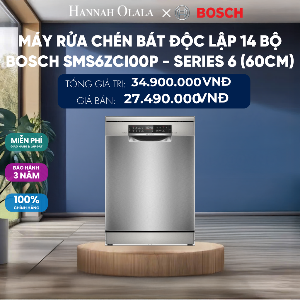  MÁY RỬA CHÉN BÁT ĐỘC LẬP 14 BỘ BOSCH SMS6ZCI00P - SERIES 6 (60CM) 