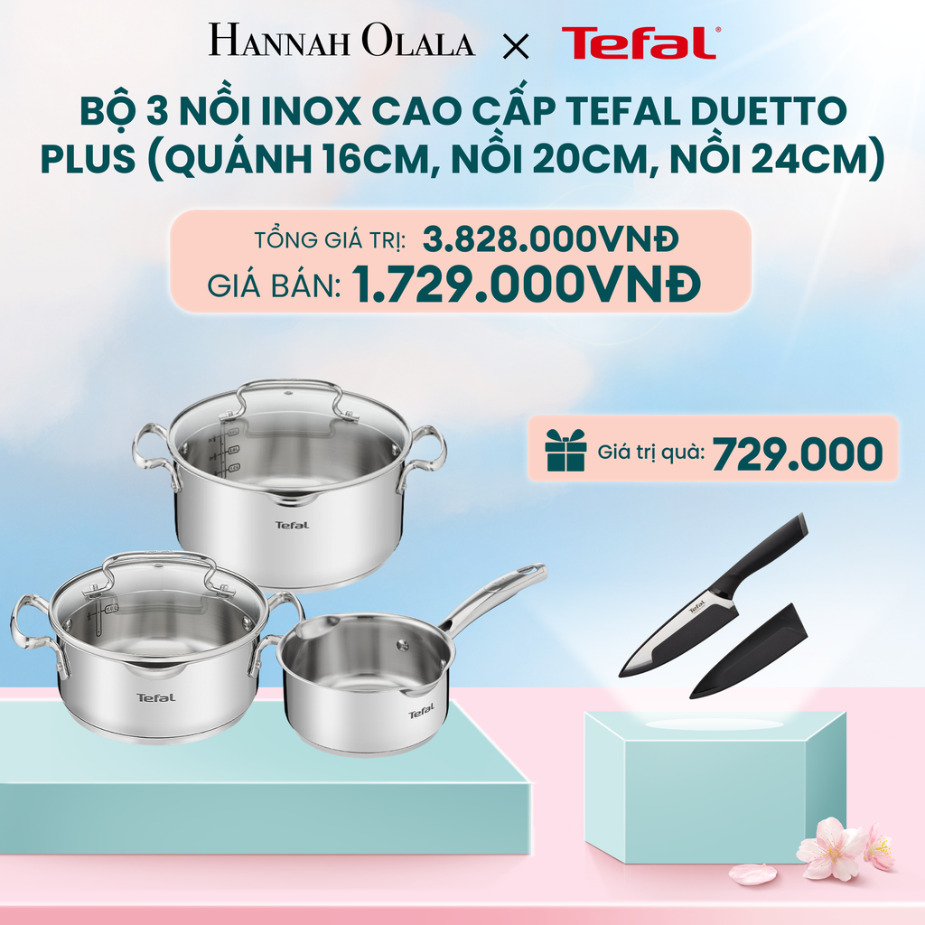  DEAL 11: BỘ 3 NỒI INOX CAO CẤP TEFAL DUETTO PLUS (QUÁNH 16CM, NỒI 20CM, NỒI 24CM) 