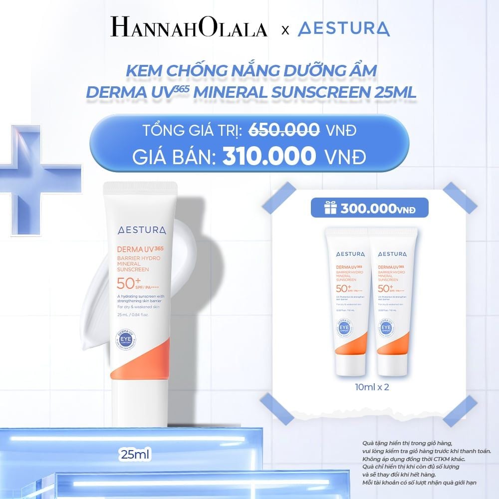  KEM CHỐNG NẮNG DƯỠNG ẨM AESTURA DERMA UV365 BARRIER HYDRO MINERAL SUNSCREEN 25ML SPF50+ PA++++ 