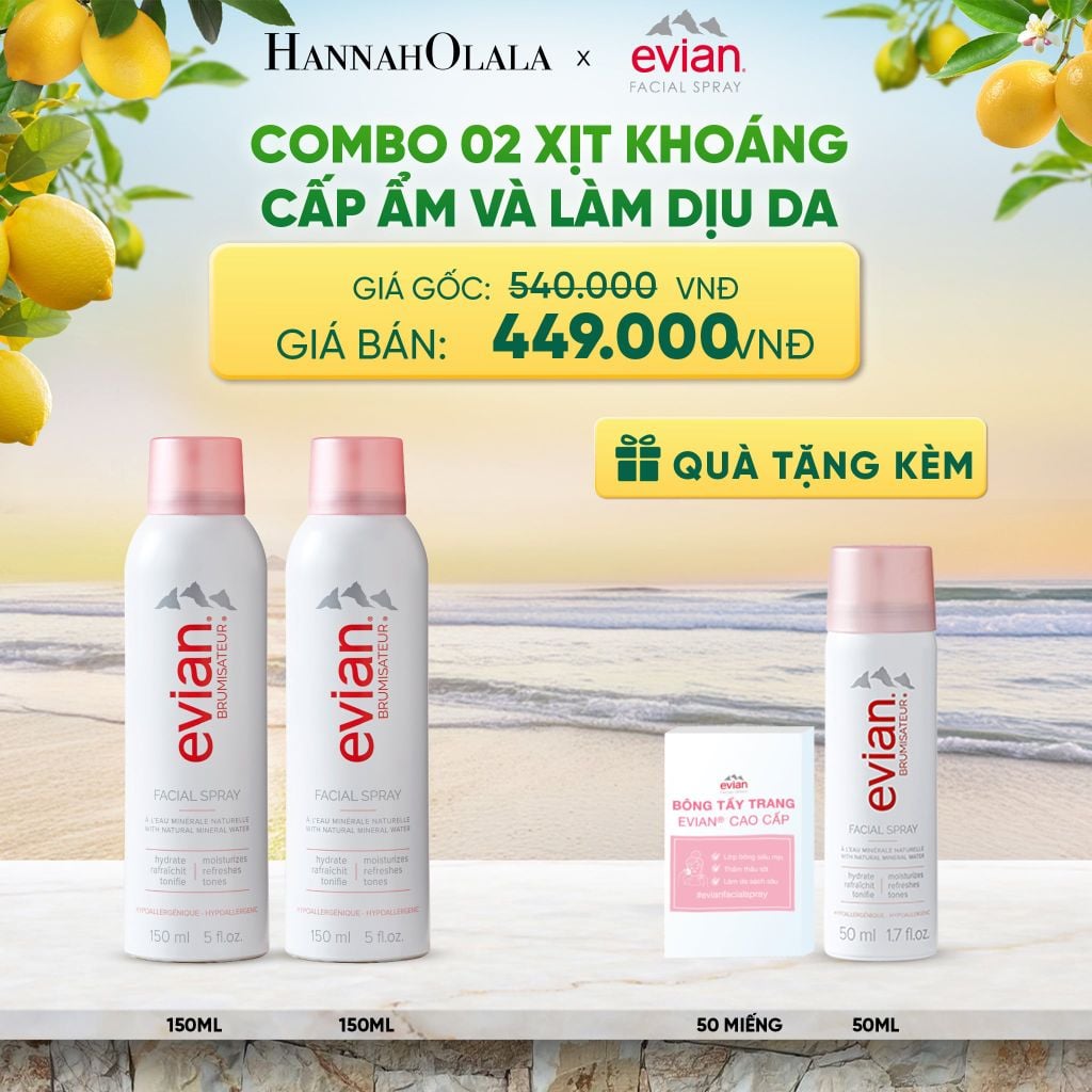  COMBO 2 CHAI XỊT KHOÁNG CẤP ẨM, LÀM DỊU DA EVIAN FACIAL SPRAY 150ML 