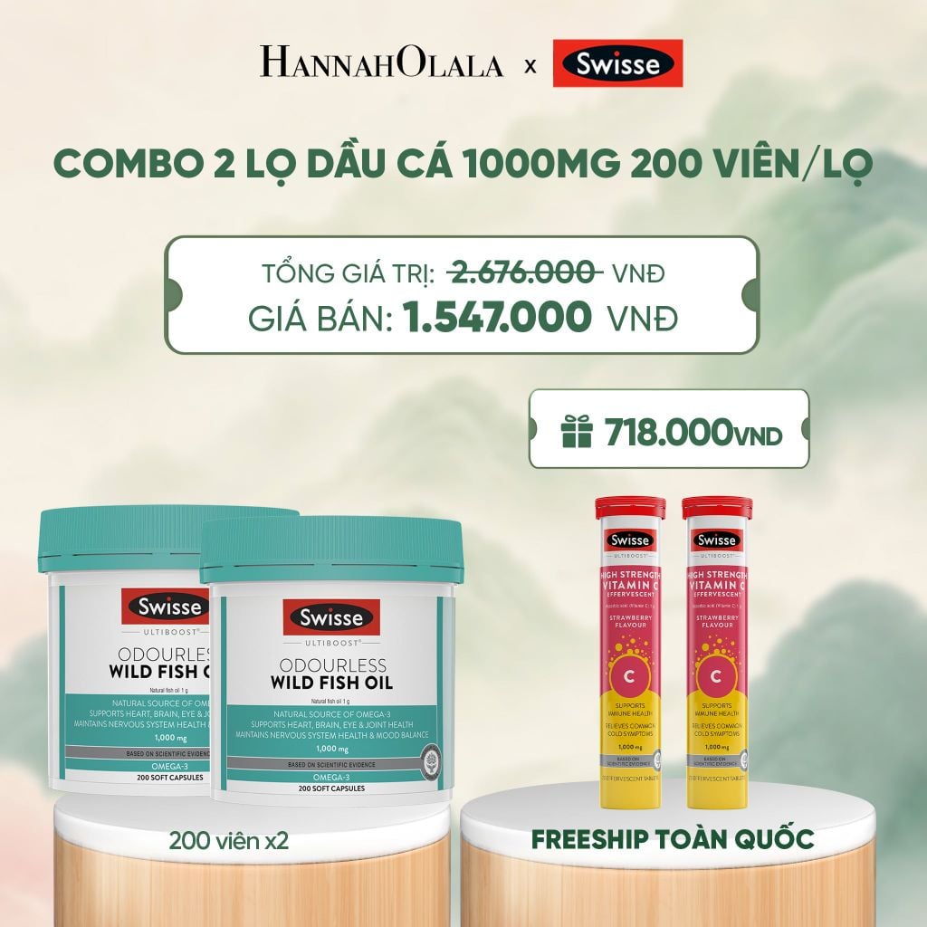  COMBO 2 LỌ DẦU CÁ SWISSE ULTIBOOST ODOURLESS WILD FISH OIL 1000MG 200 VIÊN/LỌ - A1087 