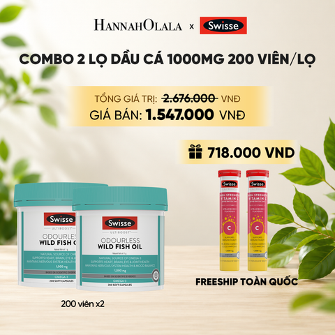  COMBO 2 LỌ DẦU CÁ SWISSE ULTIBOOST ODOURLESS WILD FISH OIL 1000MG 200 VIÊN/LỌ _ DEAL 8 