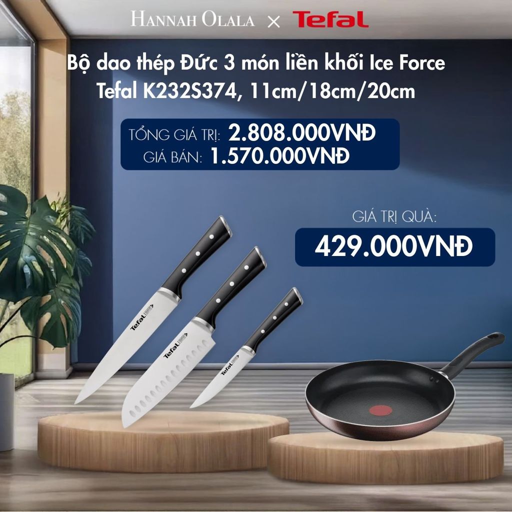  M129_DEAL 14.1: BỘ DAO THÉP ĐỨC 3 MÓN LIỀN KHỐI ICE FORCE TEFAL K232S374, 11CM/18CM/20CM 