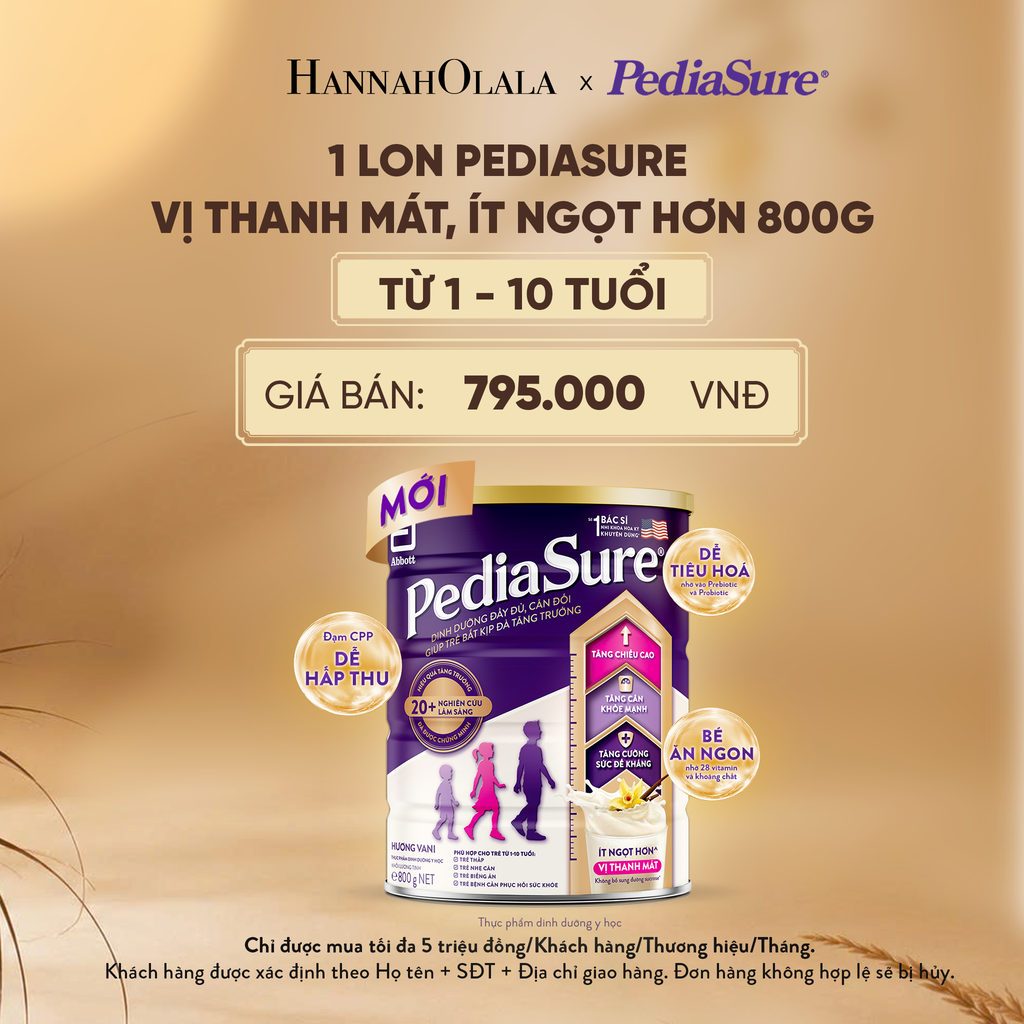  1 LON PEDIASURE VỊ THANH MÁT, ÍT NGỌT HƠN 800G (DÙNG CHO BÉ 1-10 TUỔI) - E208 
