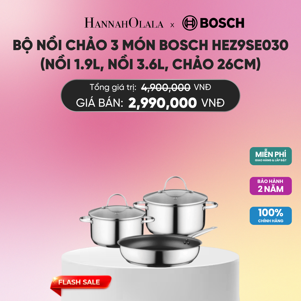  BỘ NỒI CHẢO 3 MÓN BOSCH HEZ9SE030 - NỒI 1.9L, NỒI 3.6L, CHẢO 26CM_A2056 