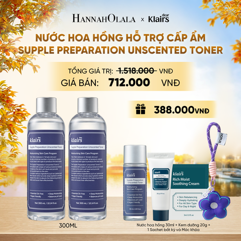  COMBO 2 DEAR, KLAIRS NƯỚC HOA HỒNG SUPPLE PREPARATION UNSCENTED TONER 300ML (IP04) - E160 