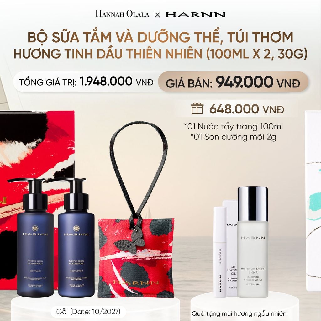  BỘ SỮA TẮM VÀ DƯỠNG THỂ, TÚI THƠM HARNN HƯƠNG TINH DẦU THIÊN NHIÊN (100ML X 2, 30G) (DATE: 10/2027) _ DEAL 15 
