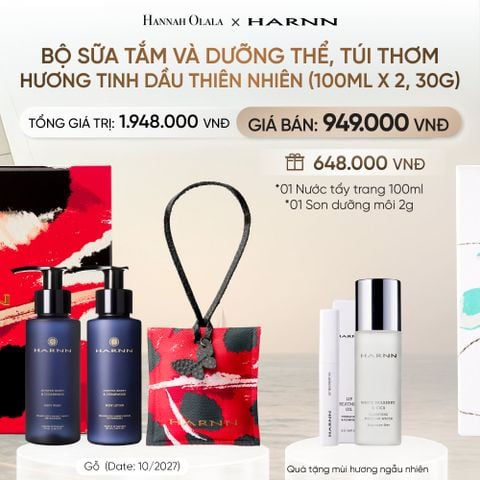  BỘ SỮA TẮM VÀ DƯỠNG THỂ, TÚI THƠM HARNN HƯƠNG TINH DẦU THIÊN NHIÊN (100ML X 2, 30G) (DATE: 10/2027) _ DEAL 15 